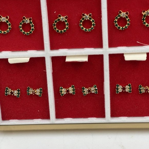 Vintage Earrings Christmas On Store Display Holiday Pierced 12 Pairs Rhinestones - Picture 6 of 12